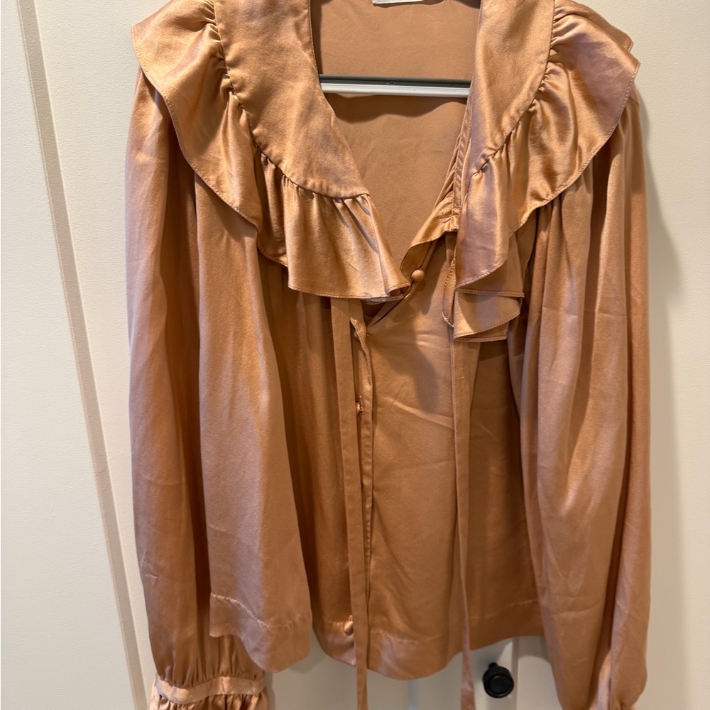 Doen  Beechwood Brown Solange Silk Satin Long Sleeve Ruffle Collar Top